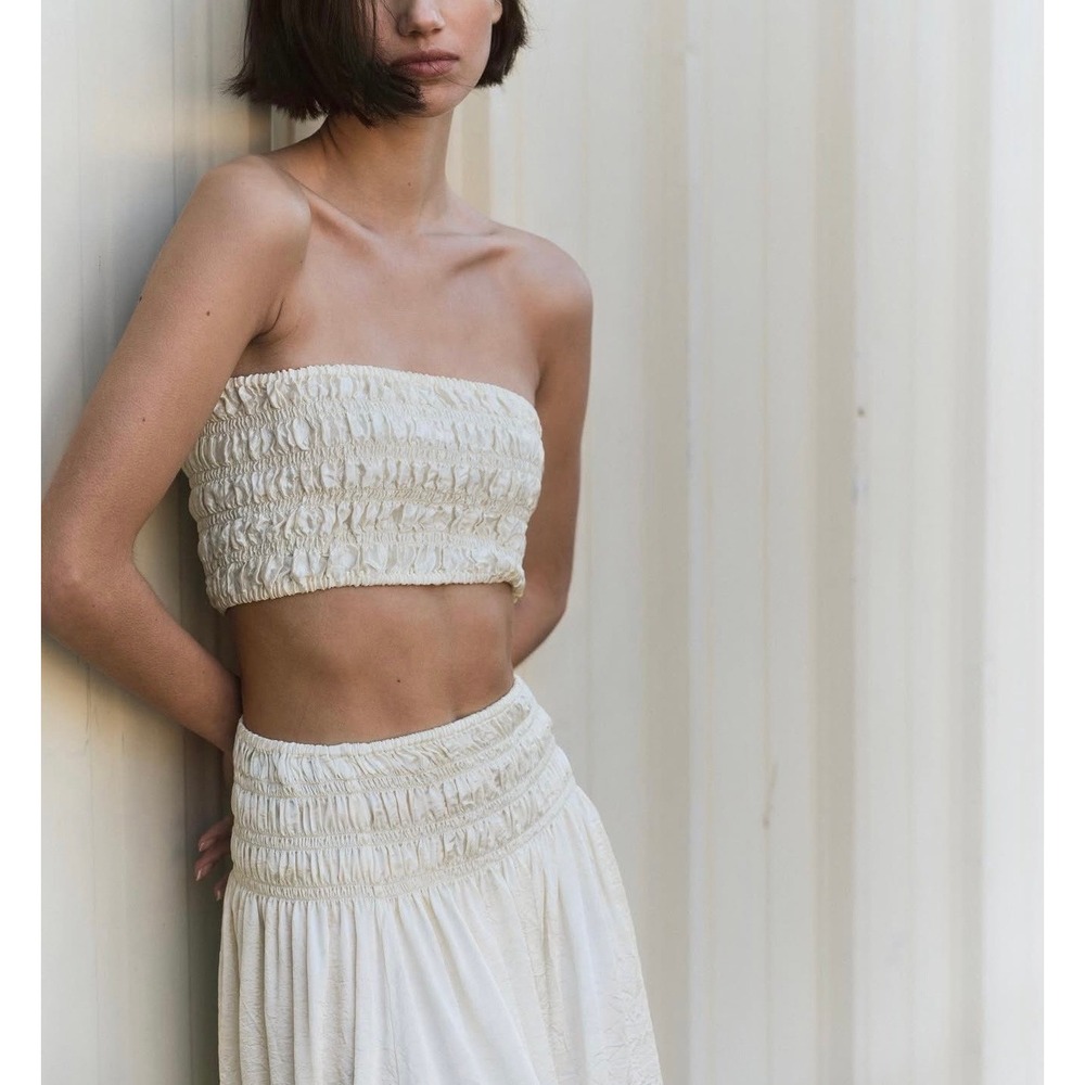 ENZA COSTA Textured Satin Smocked Tube Top Women Large Macadamia Puckered NEW